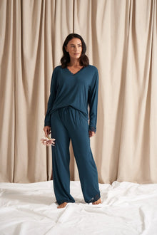  Teal Bamboo Lace V-Neck Pyjama Set Pretty You London