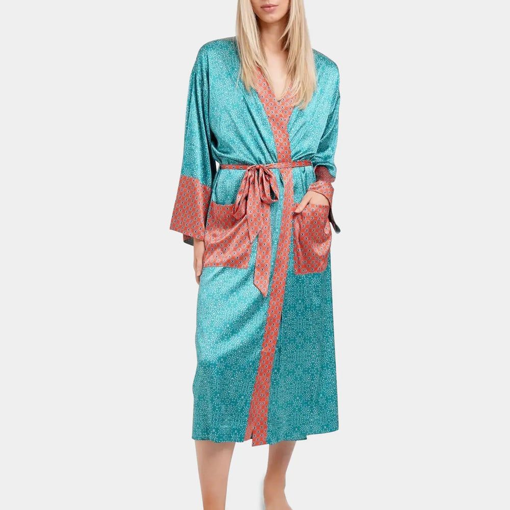 Teal Stars Silk Long Robe Jessica Russell Flint