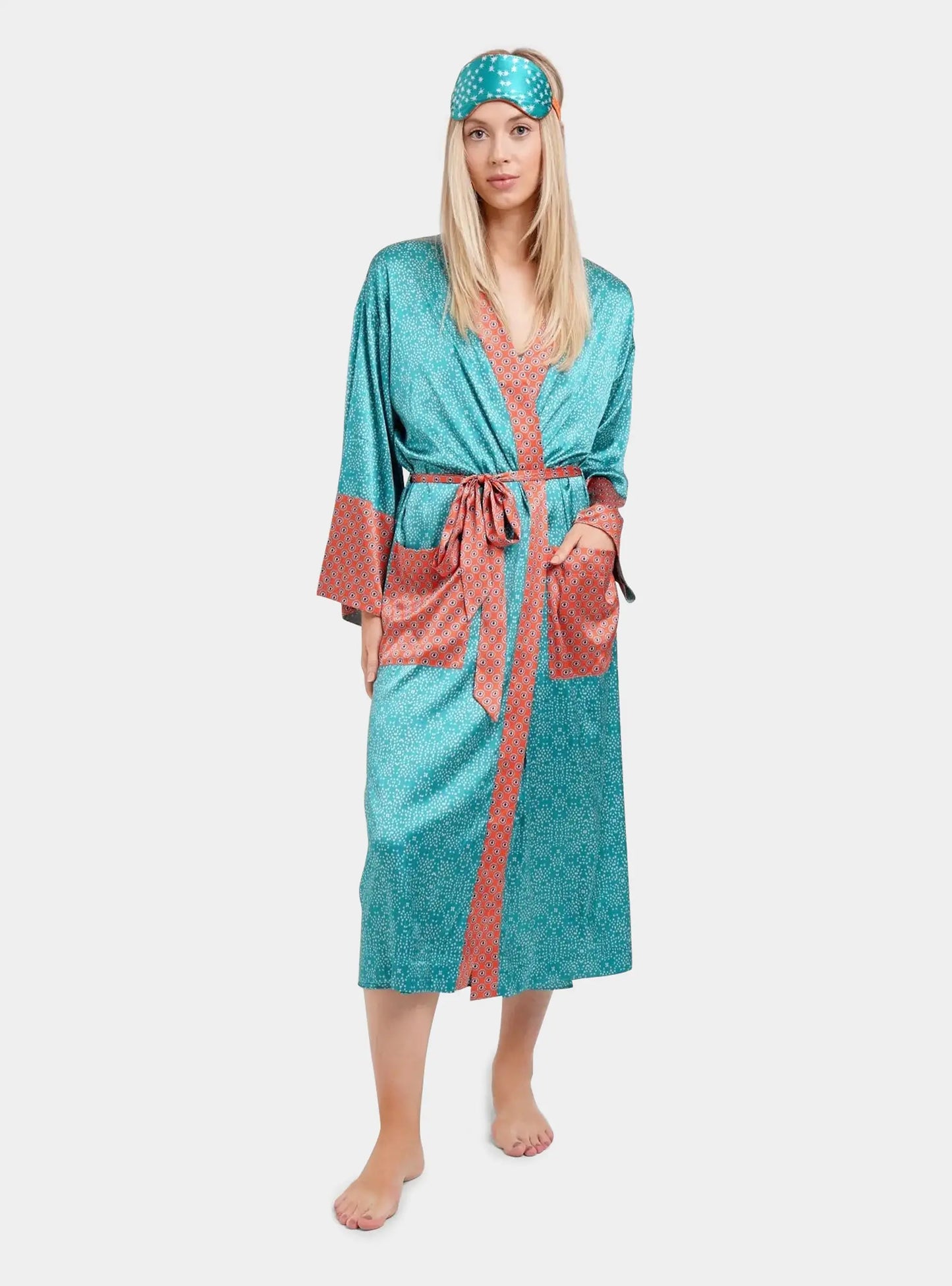 Teal Stars Silk Long Robe Jessica Russell Flint