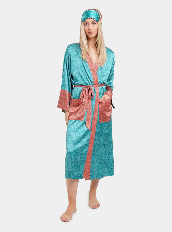 Teal Stars Silk Long Robe Jessica Russell Flint