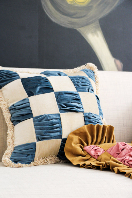 The Collab Cushion: In Casa by Paboy Special Patchwork Blue and Cream Velvet Cushion Daughters of Gaea