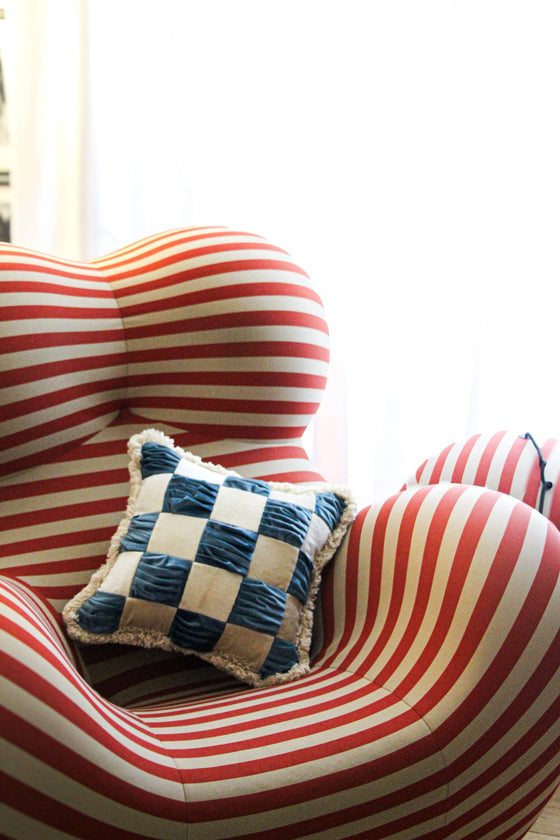 The Collab Cushion: In Casa by Paboy Special Patchwork Blue and Cream Velvet Cushion Daughters of Gaea