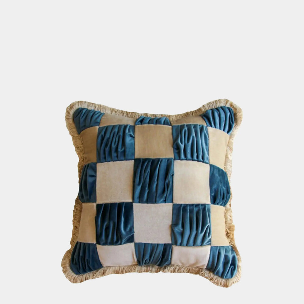 The Collab Cushion: In Casa by Paboy Special Patchwork Blue and Cream Velvet Cushion Daughters of Gaea