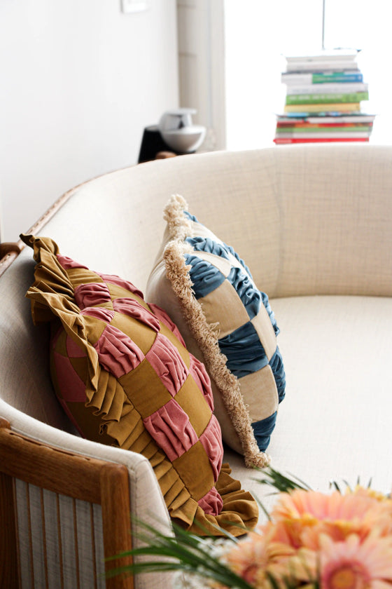 The Collab Cushion: In Casa by Paboy Special Patchwork Ocra and Pink Ruffle Cushion Daughters of Gaea