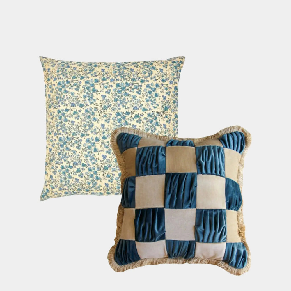 The Collab Set: Special Patchwork Blue and Cream Velvet Cushion X the Arya Silk Cushion Daughters of Gaea