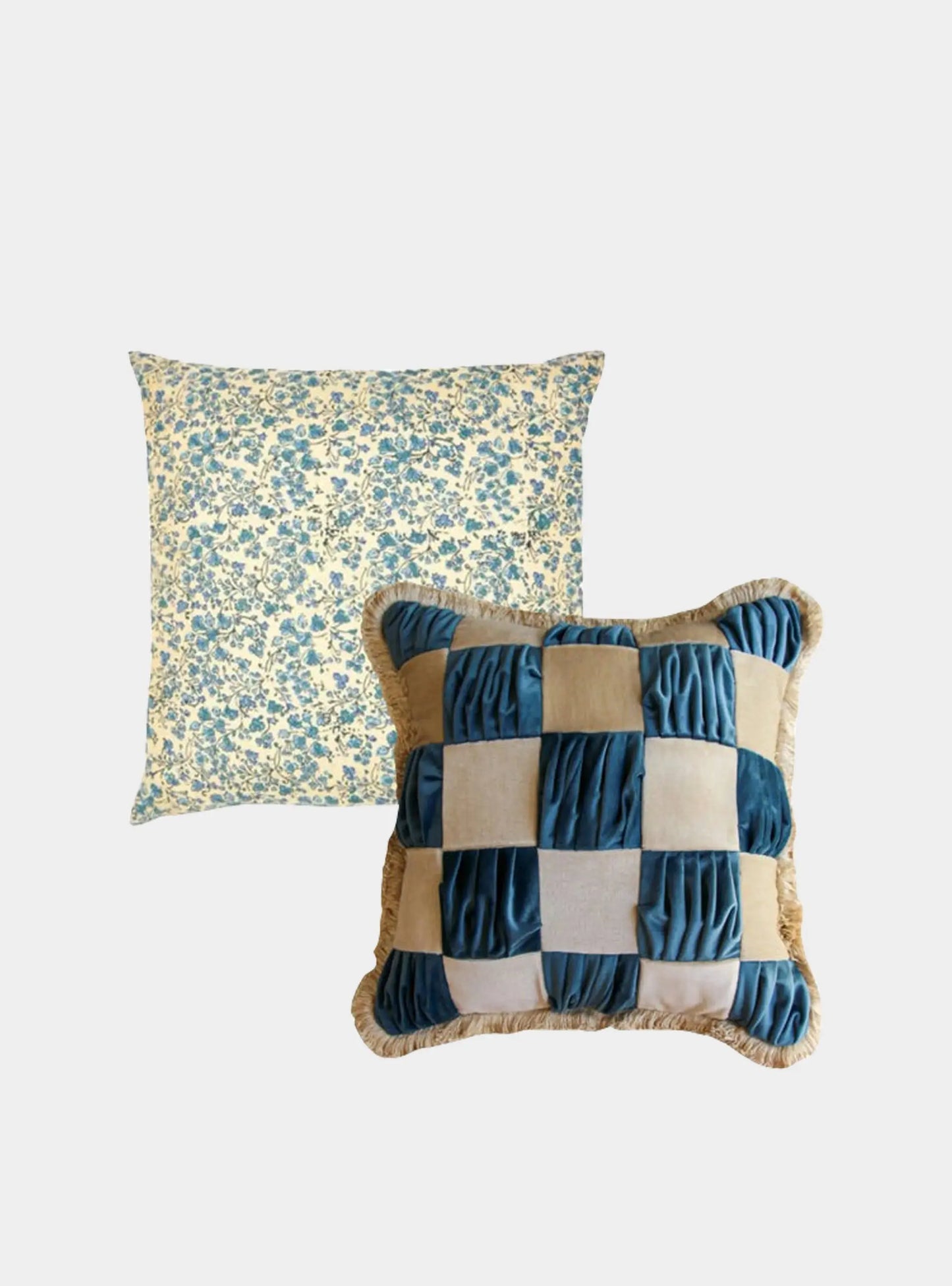 The Collab Set: Special Patchwork Blue and Cream Velvet Cushion X the Arya Silk Cushion Daughters of Gaea