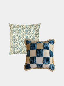  The Collab Set: Special Patchwork Blue and Cream Velvet Cushion X the Arya Silk Cushion Daughters of Gaea