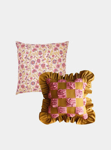  The Collab Set: Special Patchwork Ocra and Pink Ruffle Cushion X the Arya Silk Cushion Daughters of Gaea