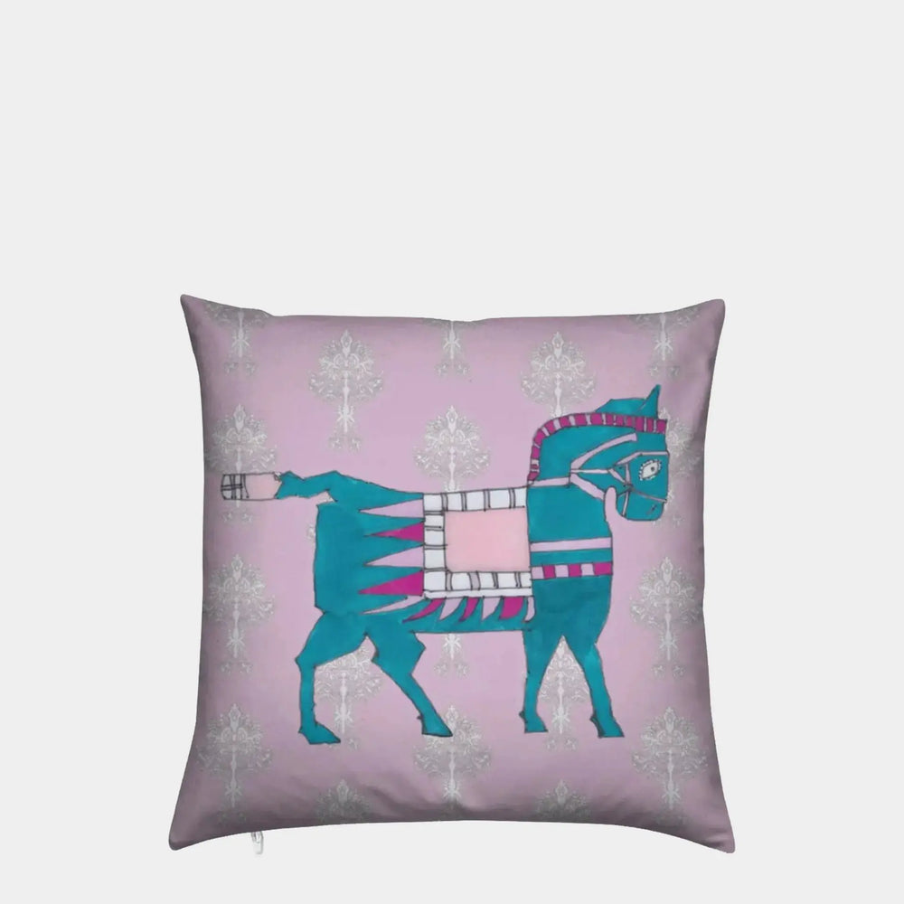 Turquoise Horse on Pink Velvet Cushion Long Studio Design