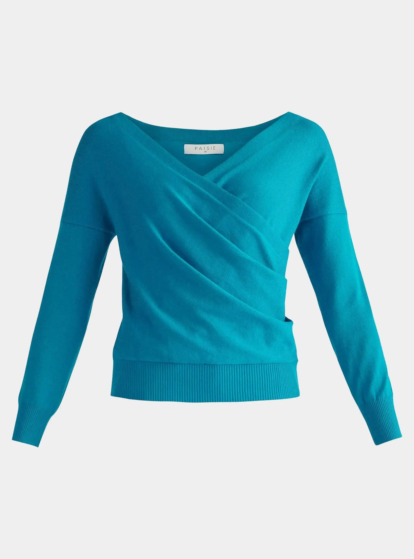 Turquoise Knitted Wrap Top With Long Sleeves Paisie