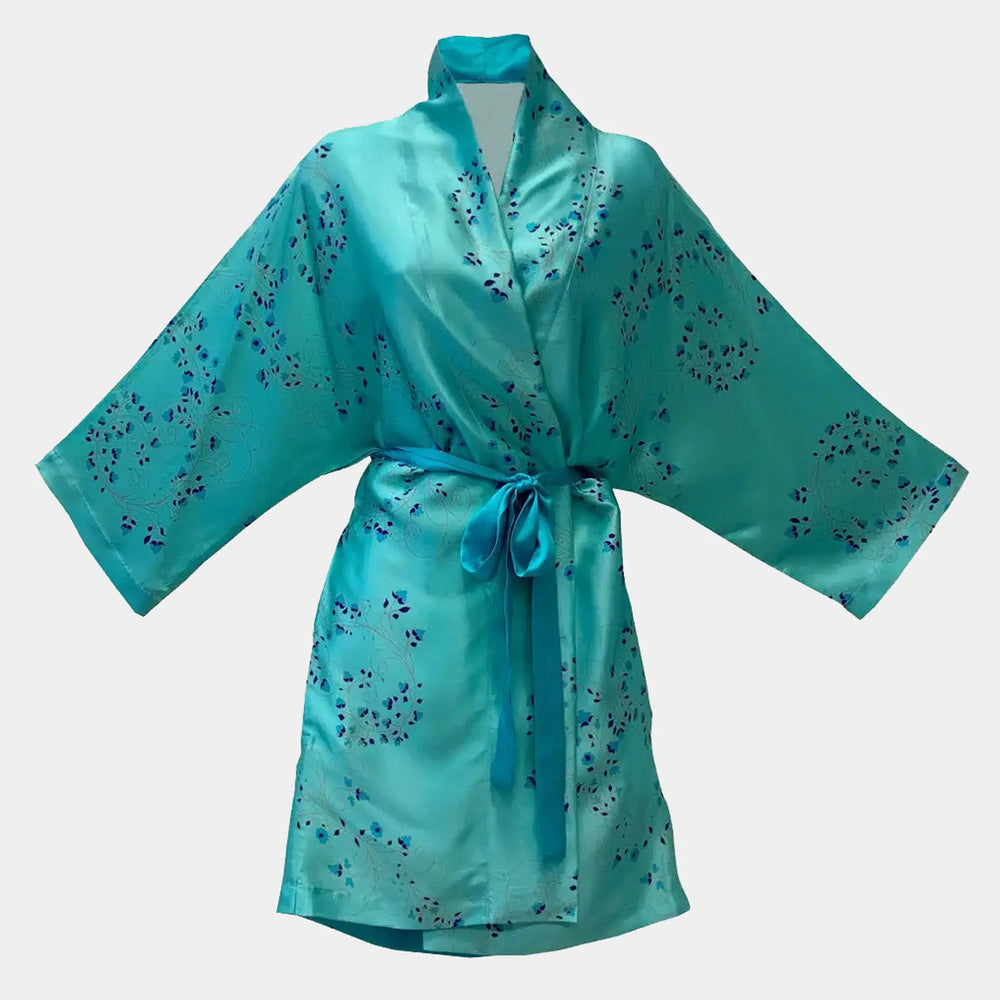 Turquoise With Fibonacci Floral Design Kimono Silk Robe Long Studio Design