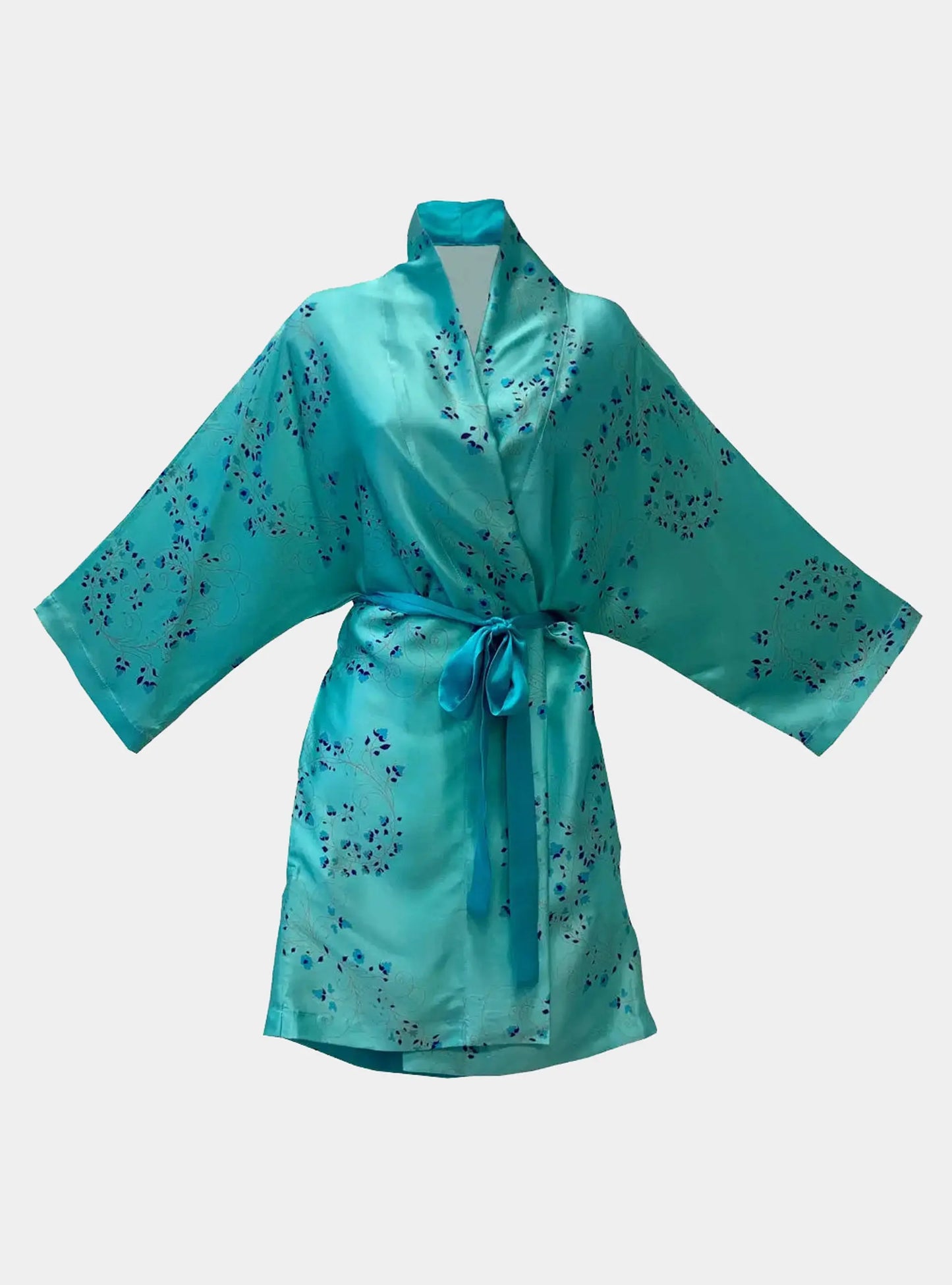 Turquoise With Fibonacci Floral Design Kimono Silk Robe Long Studio Design