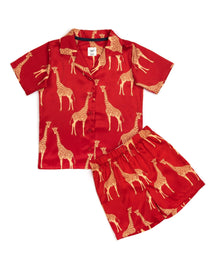  Kids' Satin Red Giraffe Print Short Pyjama Set