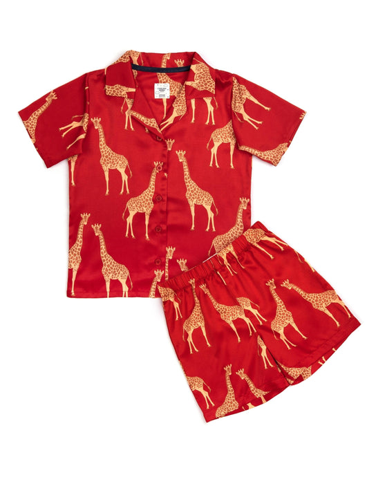 Kids' Satin Red Giraffe Print Short Pyjama Set