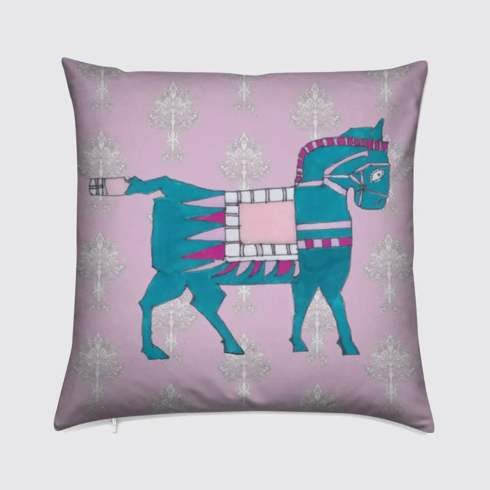 Velvet Cushion - Turquoise Horse on Pink Long Studio Design