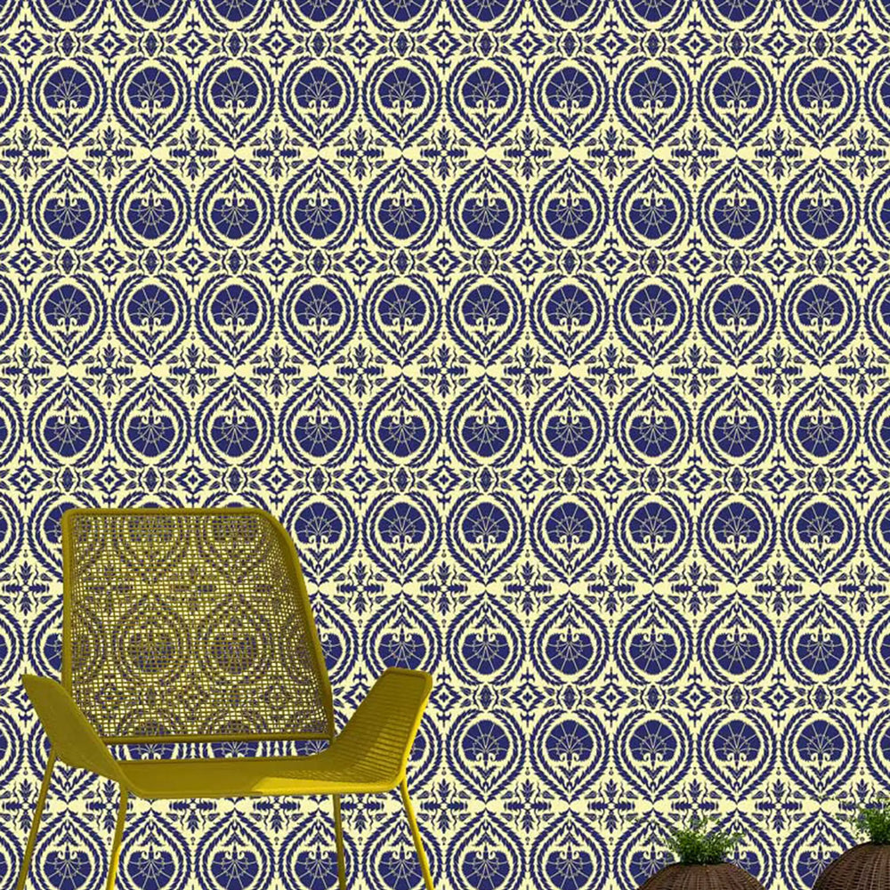 Wallpaper Acanthus and Wreath Blue on Yellow Long Studio Design