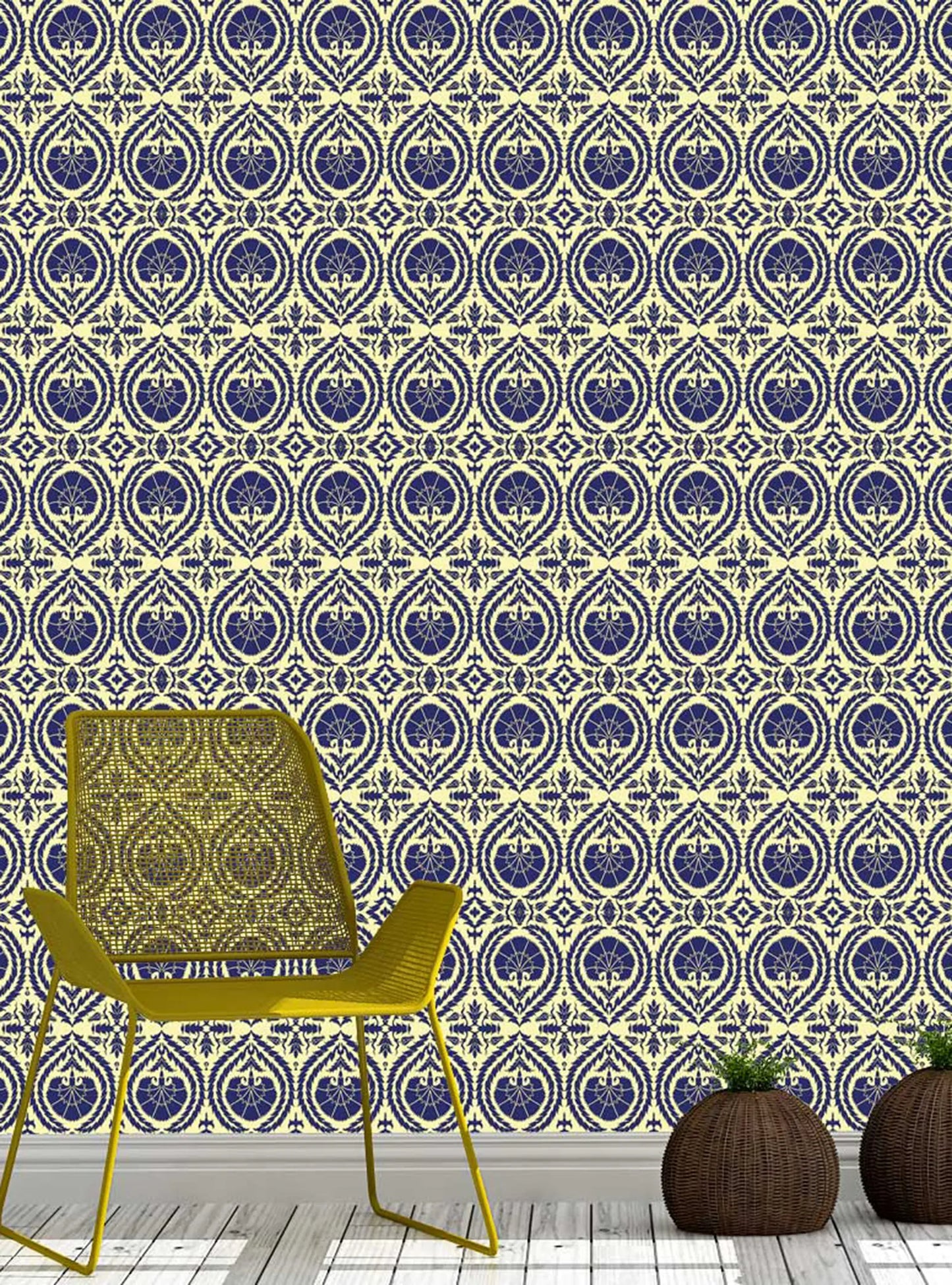 Wallpaper Acanthus and Wreath Blue on Yellow Long Studio Design