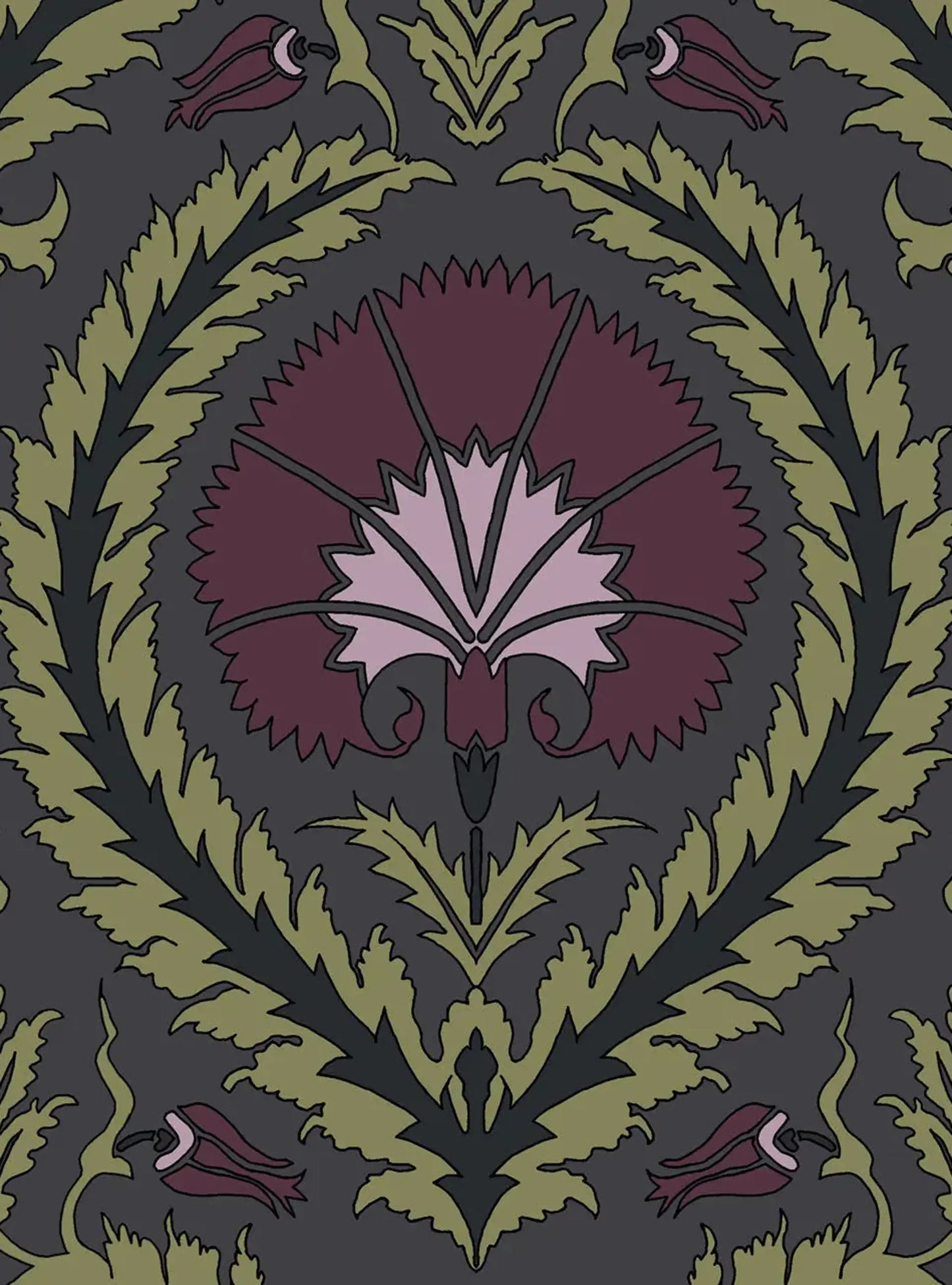 Wallpaper Acanthus and Wreath Grape and Green on Coffee Long Studio Design