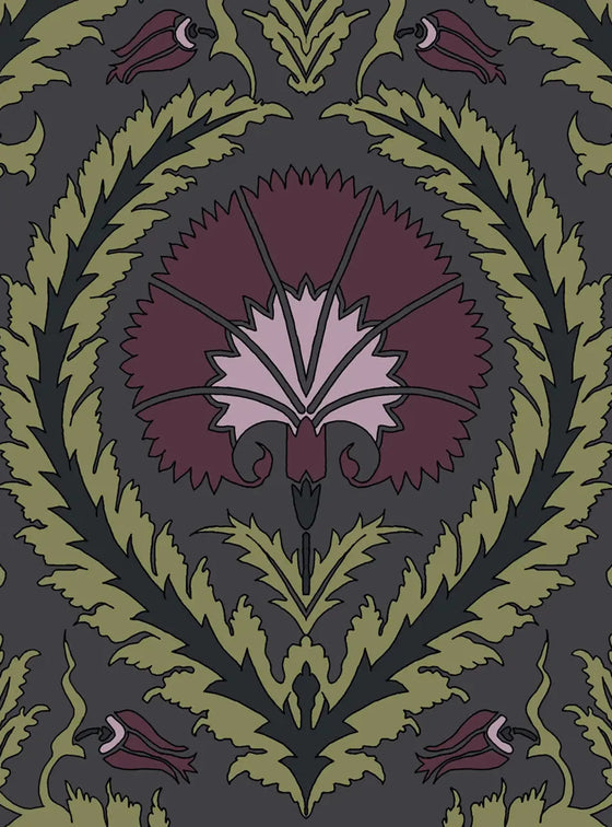 Wallpaper Acanthus and Wreath Grape and Green on Coffee Long Studio Design