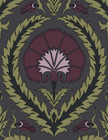  Wallpaper Acanthus and Wreath Grape and Green on Coffee - £37.50 per Sq Metre Long Studio Design