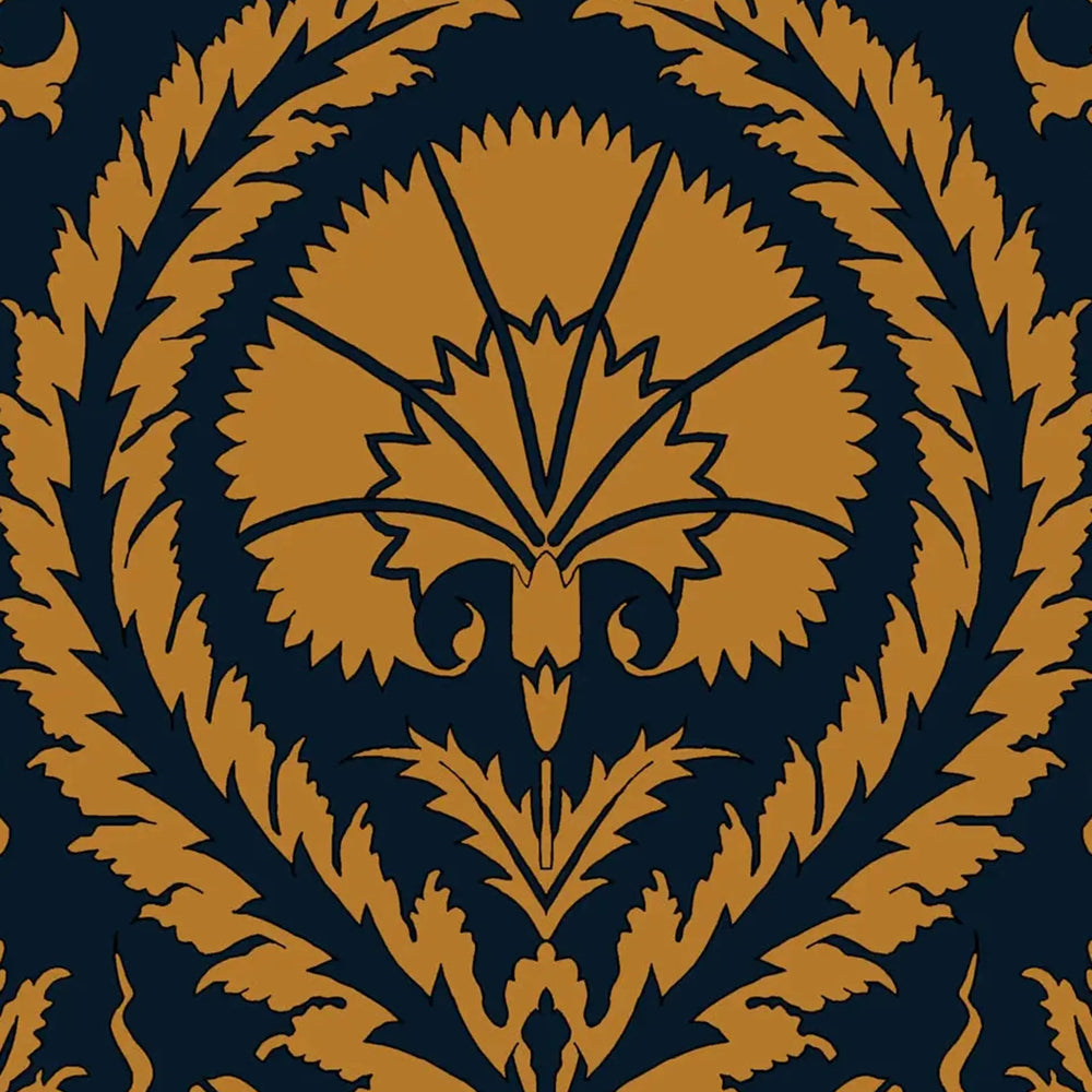 Wallpaper Acanthus and Wreath Ochre on Blue Long Studio Design