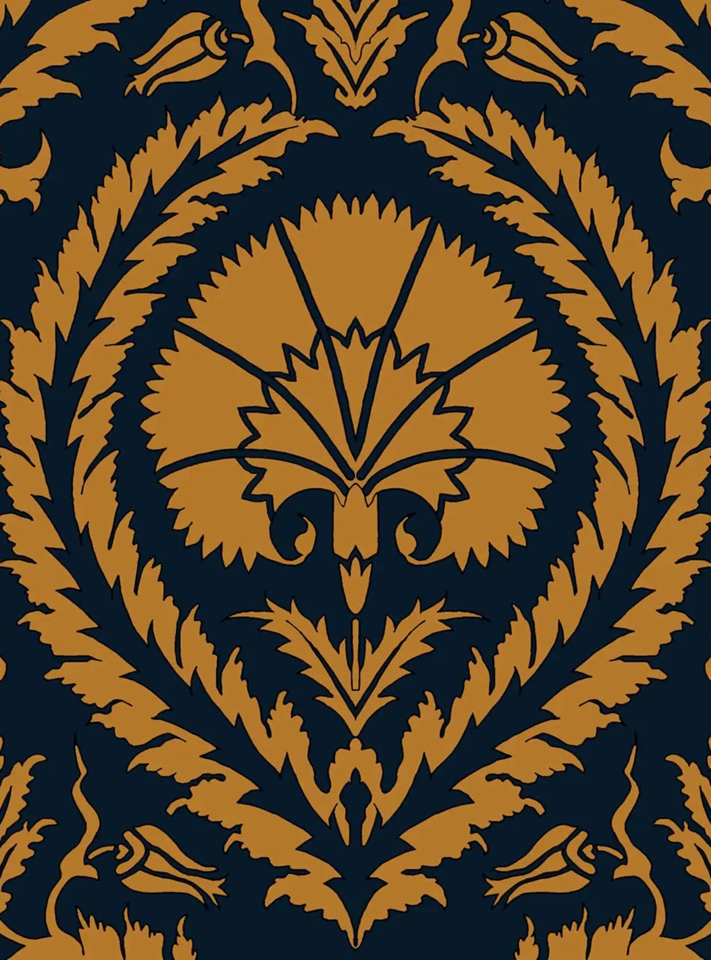 Wallpaper Acanthus and Wreath Ochre on Blue Long Studio Design