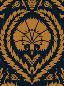  Wallpaper Acanthus and Wreath Ochre on Blue Long Studio Design