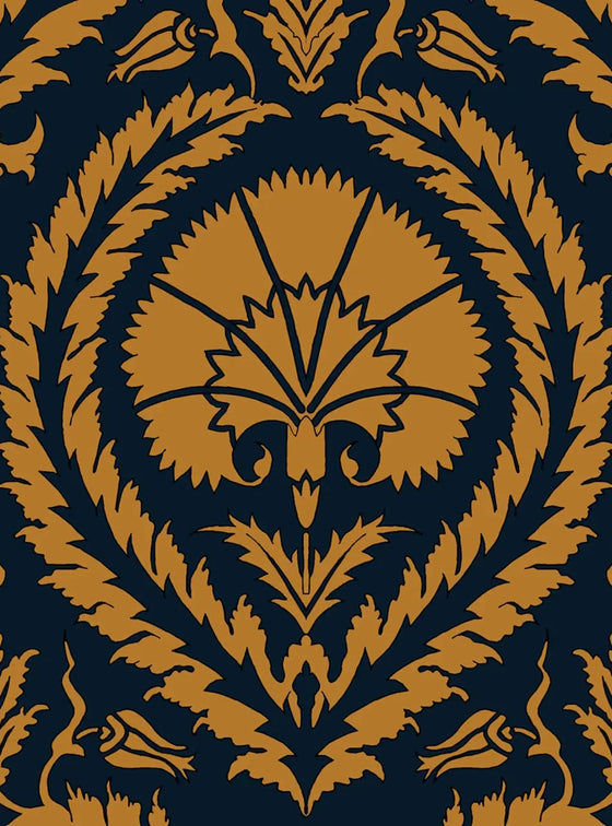 Wallpaper Acanthus and Wreath Ochre on Blue Long Studio Design