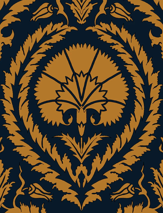 Wallpaper Acanthus and Wreath Ochre on Blue - £37.50 per Sq Metre Long Studio Design