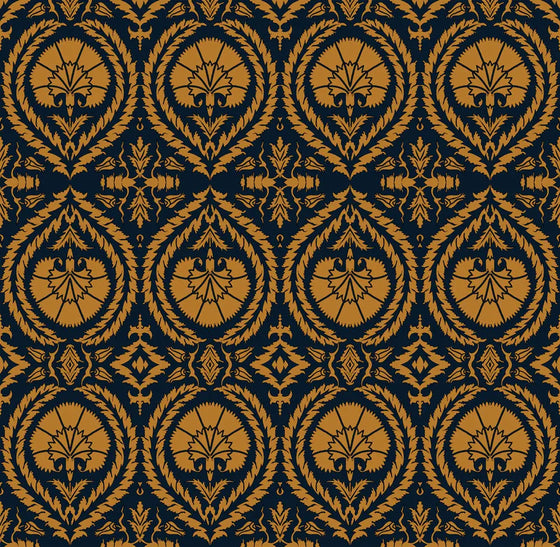 Wallpaper Acanthus and Wreath Ochre on Blue - £37.50 per Sq Metre Long Studio Design