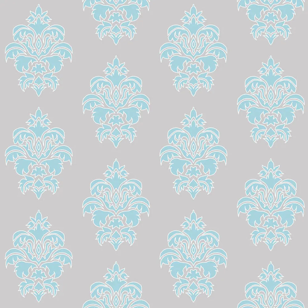 Wallpaper Damask Flower Blue on Grey - £37.50 per Sq Metre Long Studio Design