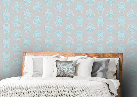 Wallpaper Damask Flower Blue on Grey - £37.50 per Sq Metre Long Studio Design