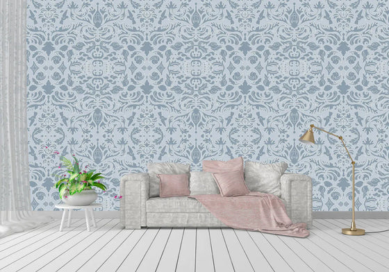 Wallpaper Hummingbird Damask Blue and Pale Blue - £37.50 per Sq Metre Long Studio Design