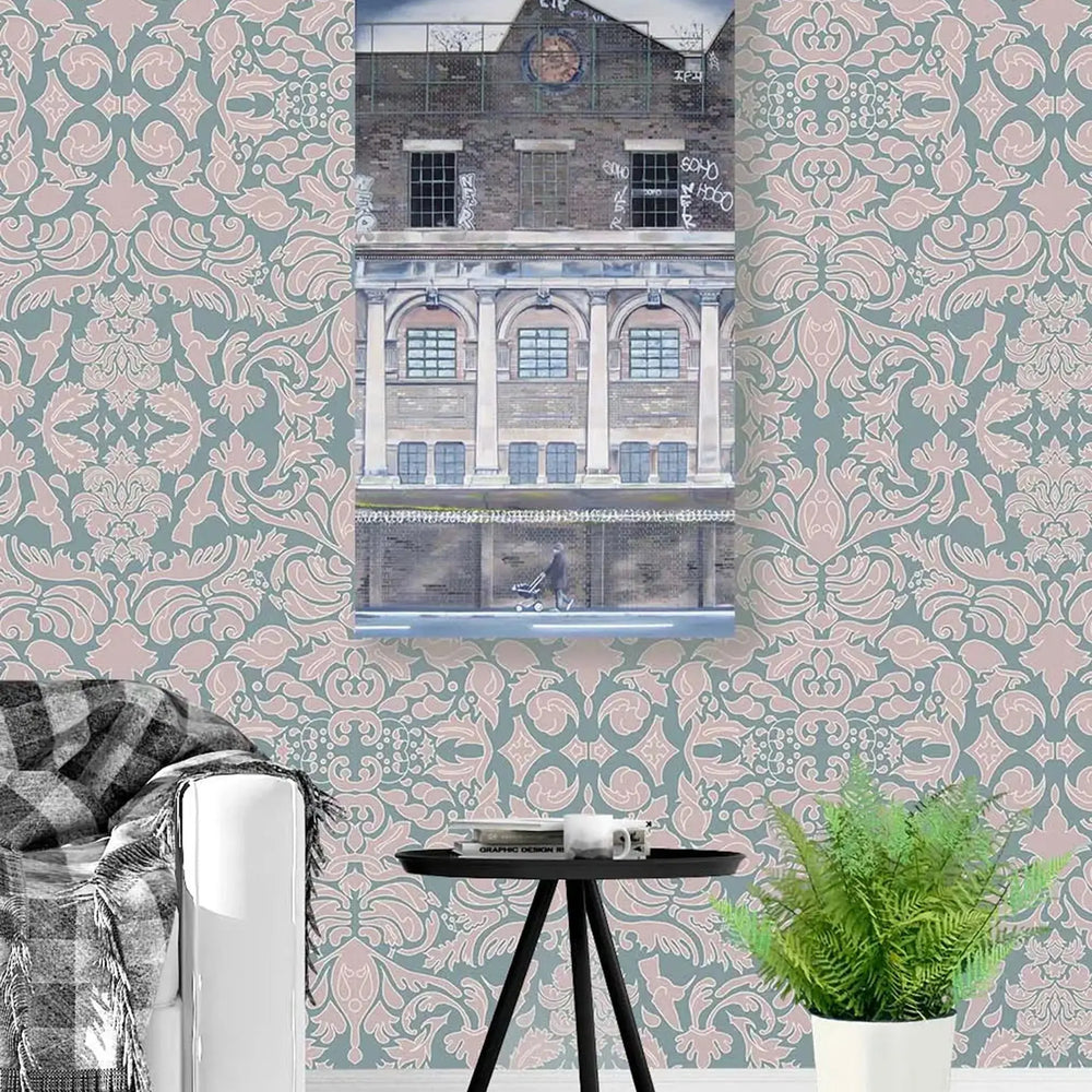 Wallpaper Hummingbird Damask Pink Sage Long Studio Design