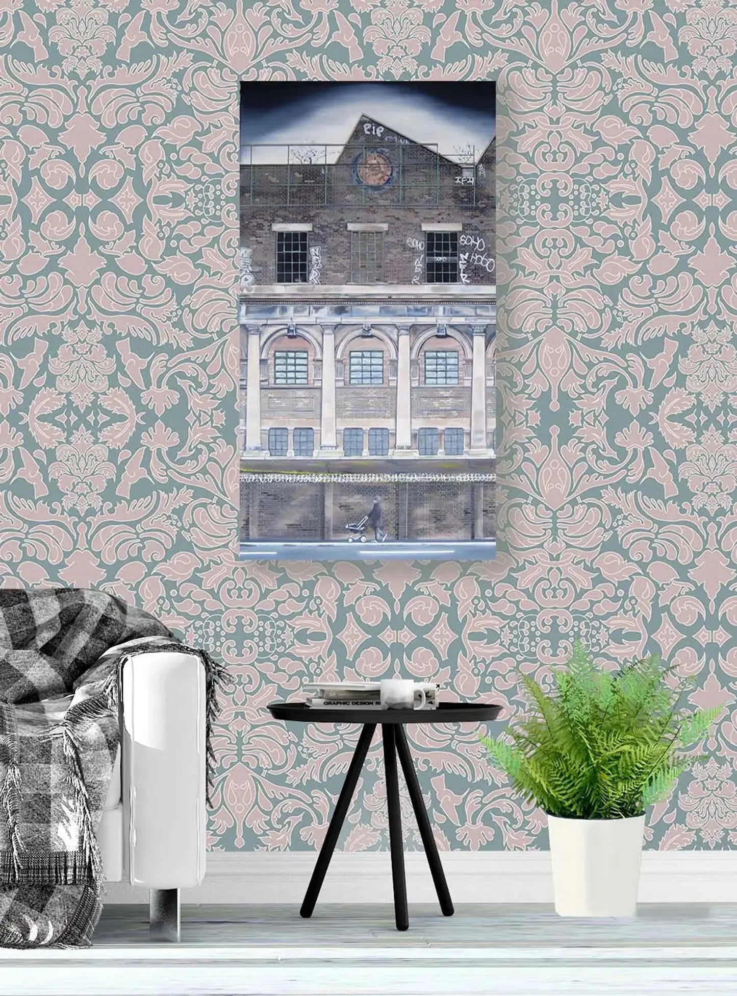 Wallpaper Hummingbird Damask Pink Sage Long Studio Design