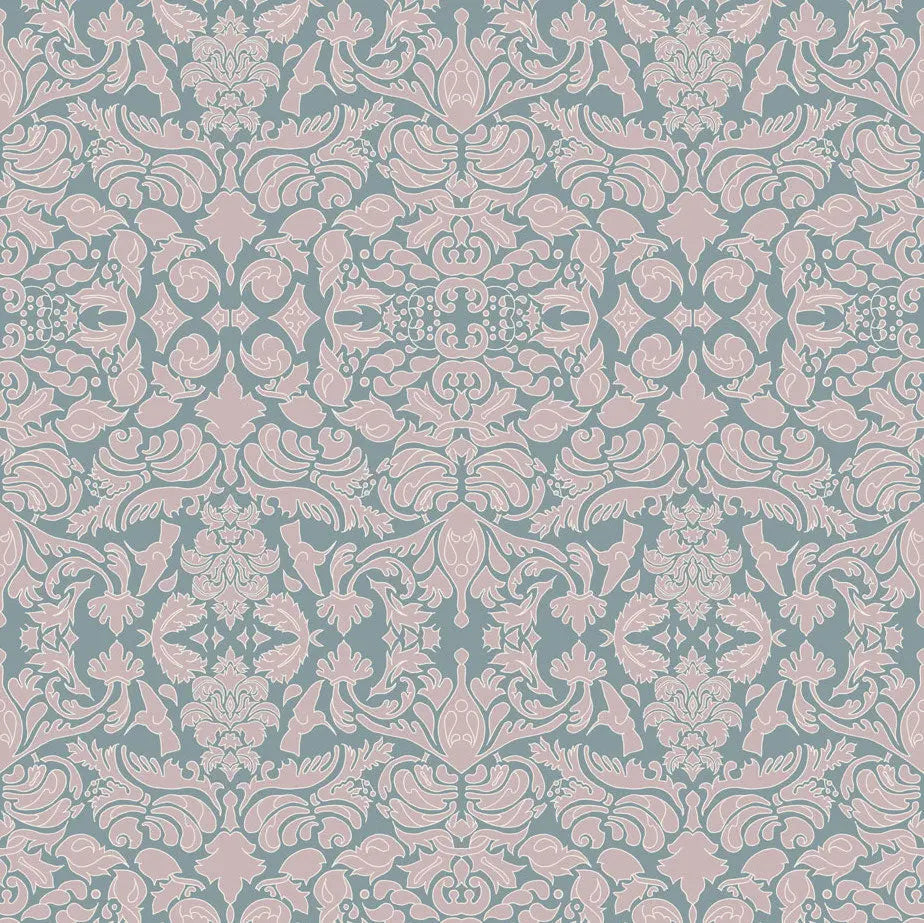 Wallpaper Hummingbird Damask Pink Sage - £37.50 per Sq Metre Long Studio Design