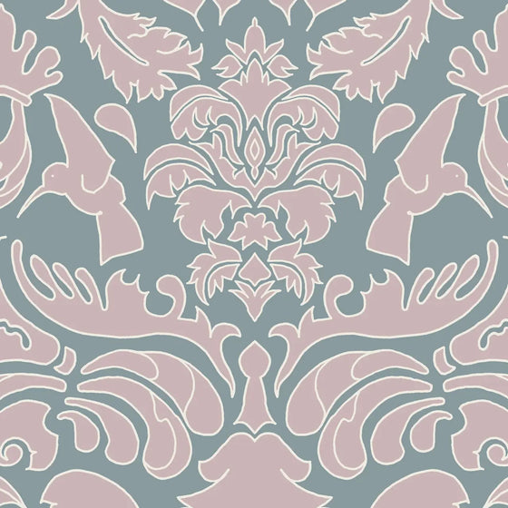 Wallpaper Hummingbird Damask Pink Sage - £37.50 per Sq Metre Long Studio Design