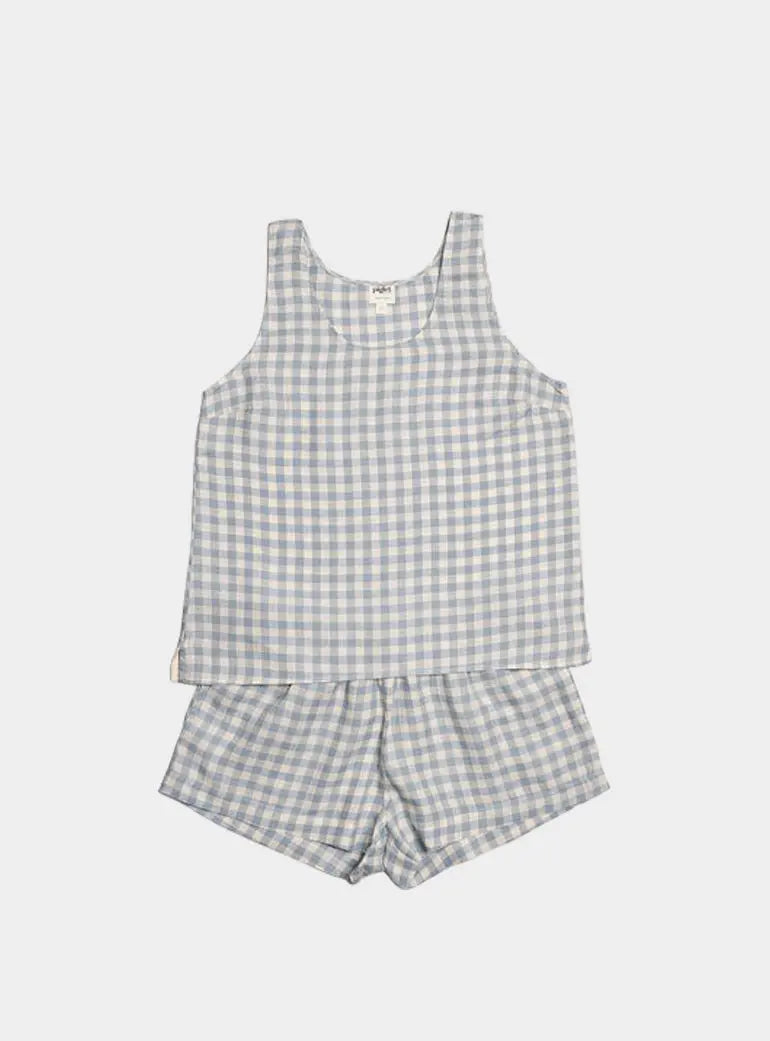 Warm Blue Gingham Linen Cami Short Set Piglet