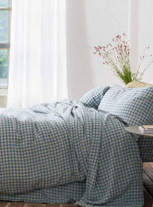  Warm Blue Gingham Linen Duvet Cover Piglet