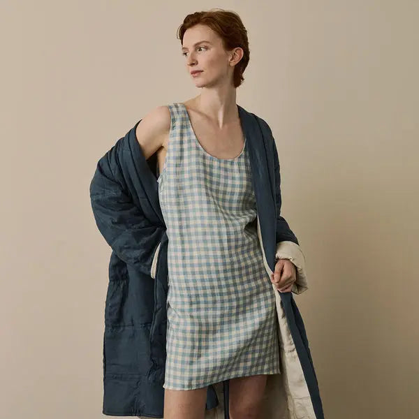 Warm Blue Gingham Linen Nightdress Piglet