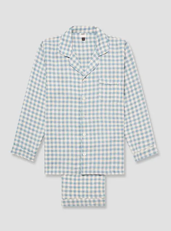 Warm Blue Gingham Linen Pyjama Trouser Set Piglet