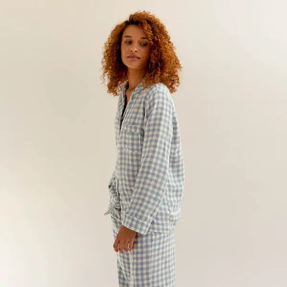 Warm Blue Gingham Linen Pyjama Trouser Set Piglet