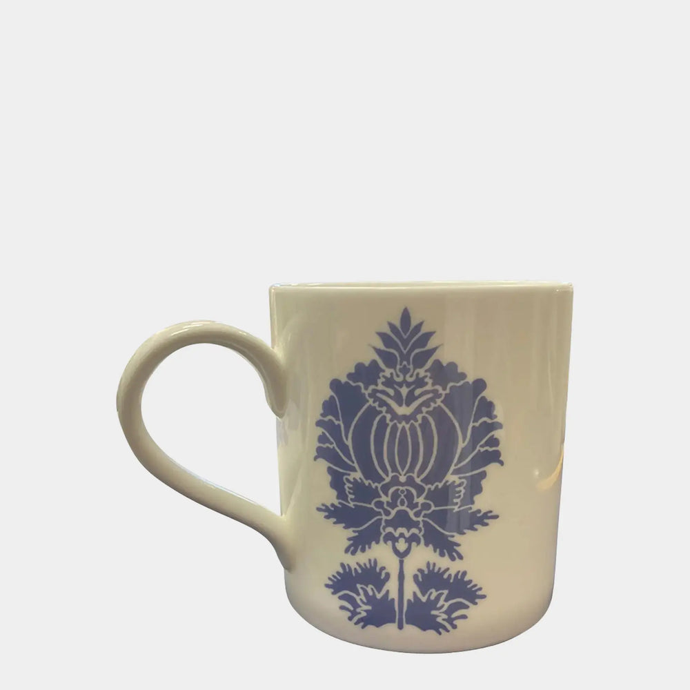 White Bone China Mug With Peri Blue Suzani Flower Long Studio Design