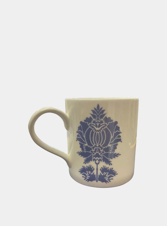 White Bone China Mug With Peri Blue Suzani Flower Long Studio Design