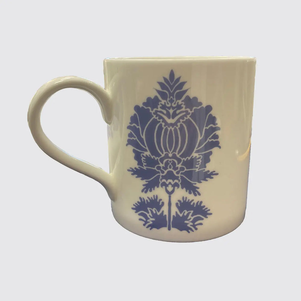 White Bone China Mug With Peri Blue Suzani Flower Long Studio Design