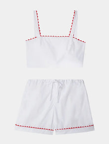  White Crop Top and Shorts Matching Set With Red Ric Rac Trim - 100% Cotton Poplin Sarah Brown London