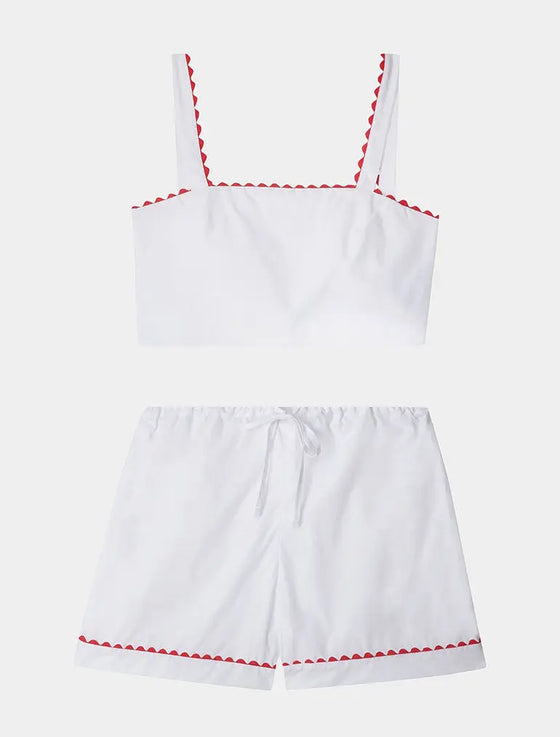 White Crop Top and Shorts Matching Set With Red Ric Rac Trim - 100% Cotton Poplin Sarah Brown London