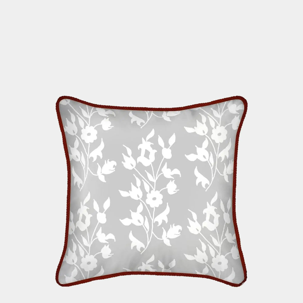 White Foliage on Grey Silk Cushion Long Studio Design