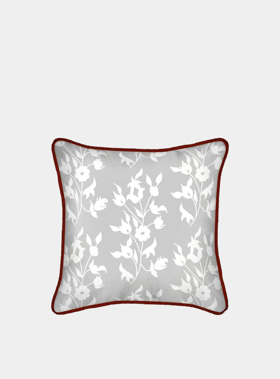 White Foliage on Grey Silk Cushion Long Studio Design