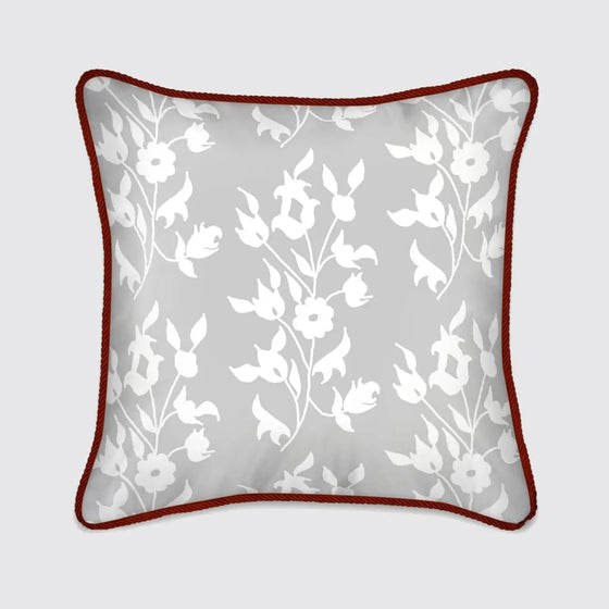 White Foliage on Grey Silk Cushion Long Studio Design